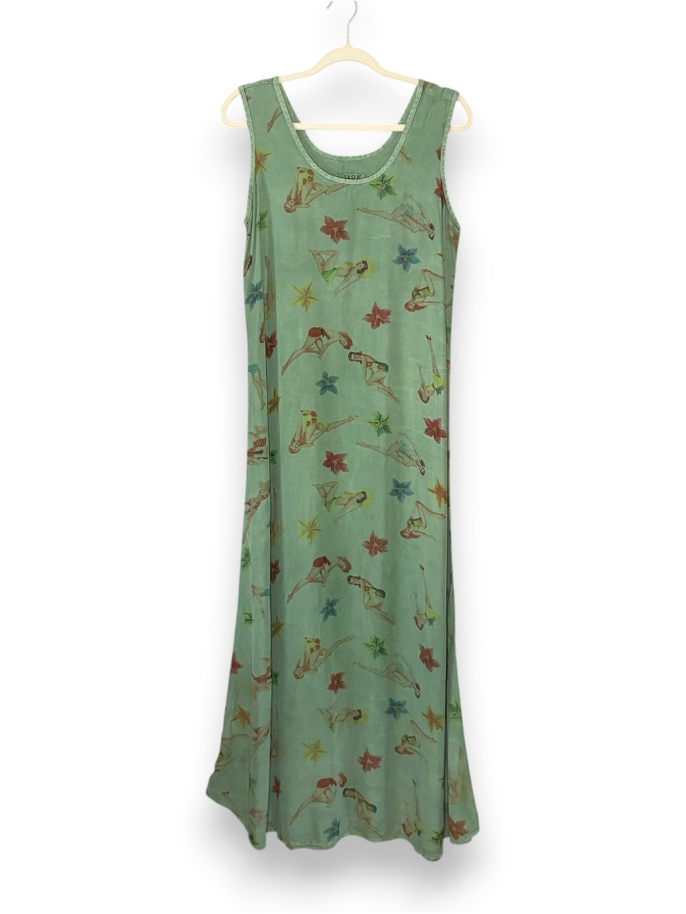 Vintage Citron Green Floral Pinup Girl Print Maxi Dress Novelty Size Medium